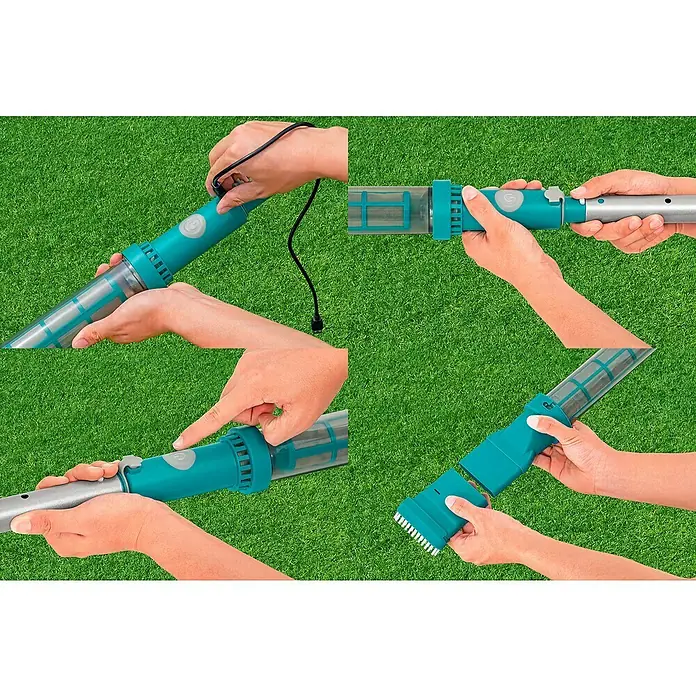 Bestway Poolsauger AquaSurge - Akkubetrieben, Passend für: Für Pools bis Ø 610 cm - Bildmontage eines türkisfarbenen Akku-Poolreinigers, der verschiedene Montageoptionen zeigt.