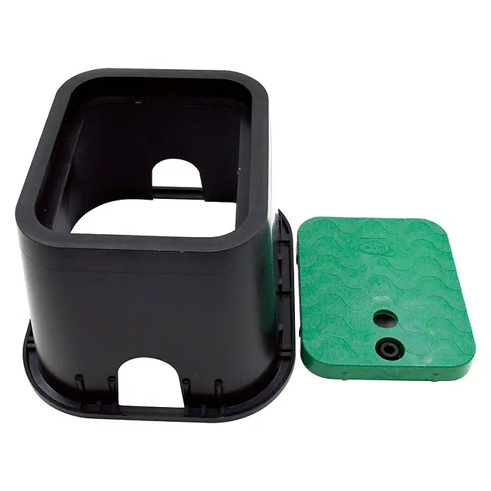 Arqueta Cuadrada - L x An x Al: 27 x 23 x 17 cm, 1 ud. - Caja de válvulas negra con tapa verde, ideal para proteger las válvulas de riego en el jardín.