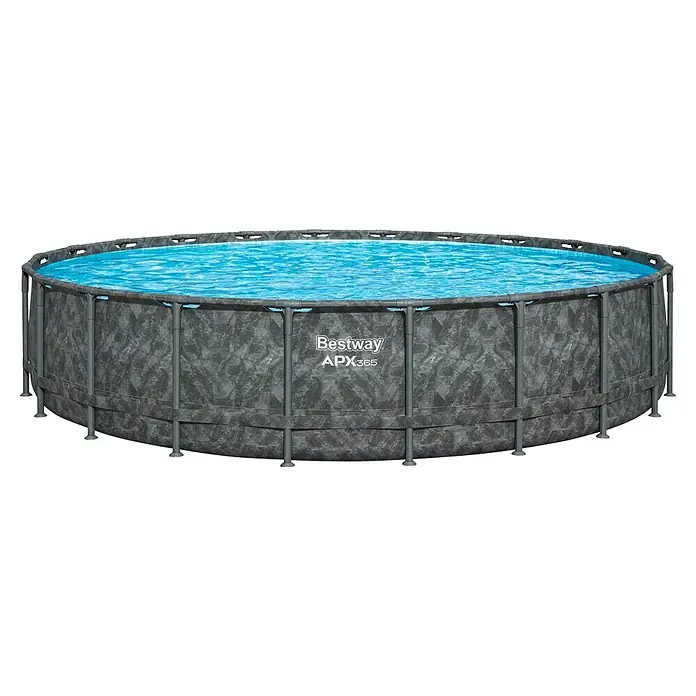 Bestway Frame-Pool Set APX365 - Ø x H: 671 x 132 cm, Dunkler Marmor, 40.377 l - Das Bild zeigt ein rundes Bestway APX365 Aufstellpool mit Wasser, das sich perfekt für sommerlichen Badespaß im Garten eignet.