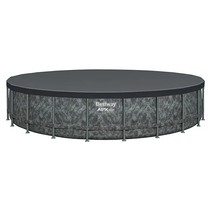 Bestway Frame-Pool Set APX365 - Ø x H: 671 x 132 cm, Dunkler Marmor, 40.377 l - Ein runder Bestway APX365 Pool mit grauer Abdeckung und Steinmuster. Ideal für den Garten, um sich an heißen Tagen abzukühlen.