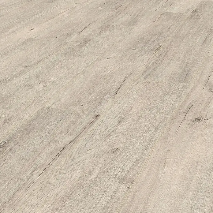 LOGOCLIC Ambienta Laminatmuster Aurora - 300 x 195 x 10 mm, Landhausdiele - Ein Foto von hellgrauem Laminatboden mit realistischer Holzstruktur, ideal für moderne Wohnräume.