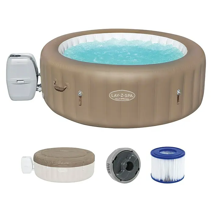 Bestway Lay-Z-Spa Mobil-Whirlpool Palm Springs - Ø x H: 196 x 71 cm, Taupe, 916 l - Lay-Z-Spa Palm Springs aufblasbarer Whirlpool mit Pumpe, Filterkartusche und Abdeckung für Entspannung im Garten.