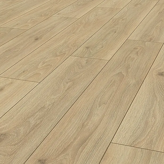 LOGOCLIC Vinto Laminat - Negroni, Landhausdiele, 1.288 x 195 x 9 mm - Hochauflösendes Bild eines hellen Laminatbodens, der eine natürliche Holzoptik mit Maserung und warmen Farbtönen aufweist.