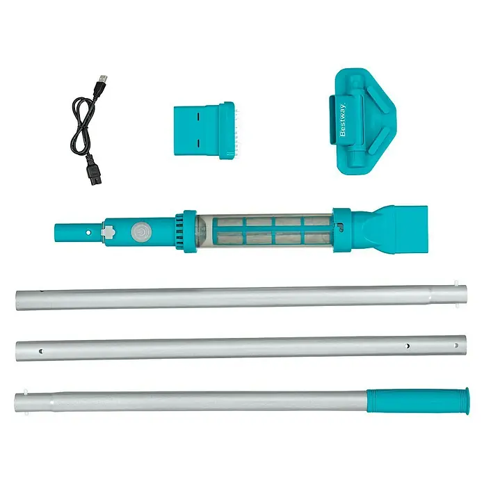 Bestway Poolsauger AquaSurge - Akkubetrieben, Passend für: Für Pools bis Ø 610 cm - Das Bild zeigt einen Bestway Poolreiniger, bestehend aus mehreren Teilen, darunter ein Staubsaugerkopf, ein Filter und ein Teleskopstiel.