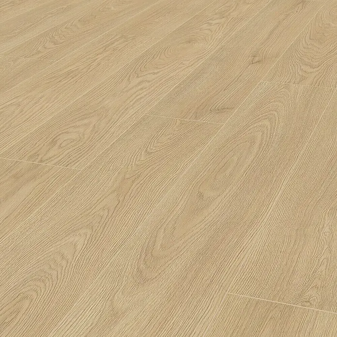 LOGOCLIC Family Laminat - Eiche Diosa, Landhausdiele, 1.288 x 195 x 7 mm - Das Bild zeigt ein helles Laminat mit einer schönen Holzstruktur, das eine warme und einladende Atmosphäre schafft.