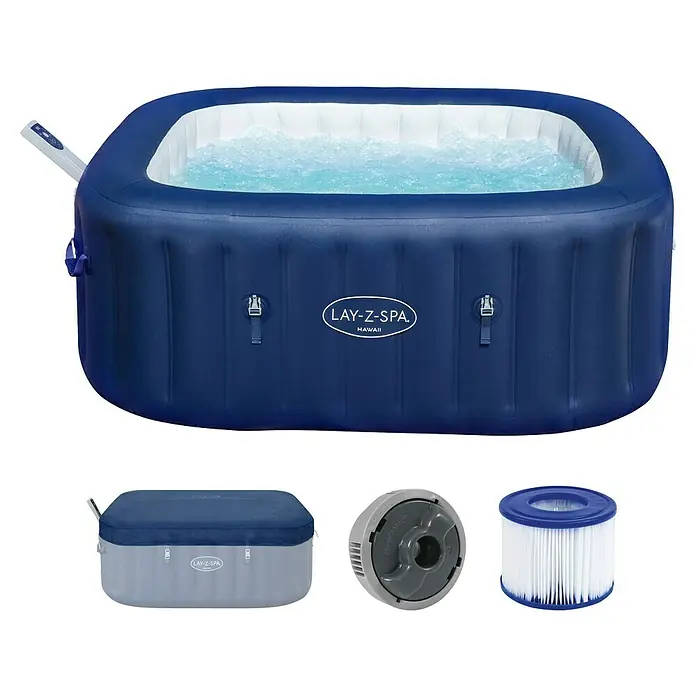 Bestway Lay-Z-Spa Mobil-Whirlpool Hawaii AirJet™ - L x B x H: 180 x 180 x 71 mm, Kobaltblau, 840 l - Das Lay-Z-Spa Hawaii HydroJet Pro Whirlpool-Set bietet Entspannung pur mit Massagefunktion und Zubehör für den komfortablen Gebrauch.