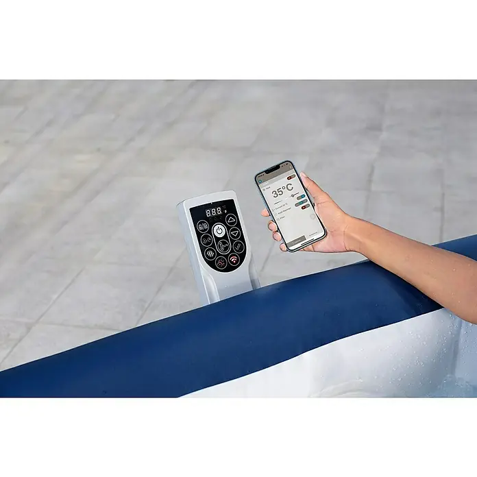Bestway Lay-Z-Spa Mobil-Whirlpool Hawaii AirJet™ - L x B x H: 180 x 180 x 71 mm, Kobaltblau, 840 l - Ein aufblasbarer Whirlpool mit Bedienfeld und Smartphone zur Temperaturregelung.