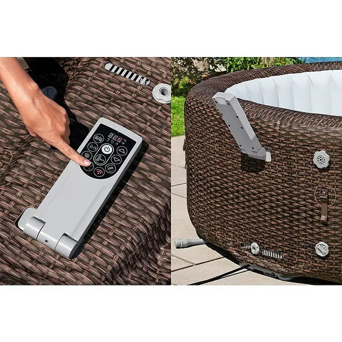 Bestway Lay-Z-Spa Mobil-Whirlpool Bali - Ø x H: 216 x 71 cm, Braun, 1.260 l - Nahaufnahme eines Whirlpools mit Bedienelementen, die von einer Hand bedient werden. Der Whirlpool hat ein braunes, geflochtenes Design.