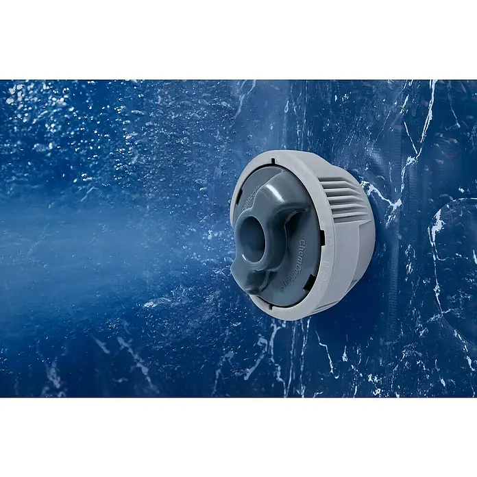 Bestway Lay-Z-Spa Mobil-Whirlpool Carrara Air Jet - Ø x H: 170 x 65 cm, Dunkler Alabaster, 850 l - Nahaufnahme einer ChemConnect-Kartusche, die an einer Poolwand befestigt ist und für sauberes und klares Poolwasser sorgt.