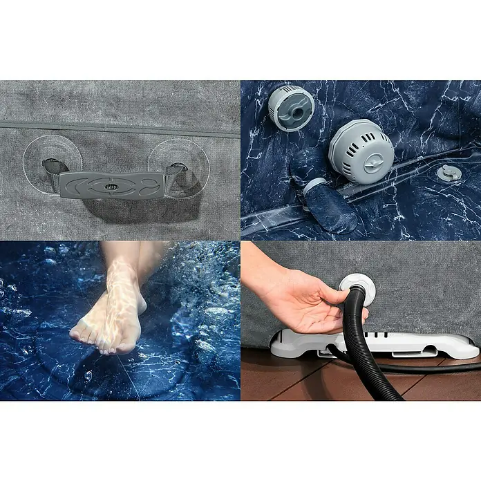 Bestway Lay-Z-Spa Mobil-Whirlpool Carrara Air Jet - Ø x H: 170 x 65 cm, Dunkler Alabaster, 850 l - Produktansichten eines aufblasbaren Whirlpools, inklusive Details wie Abdeckung und Füße im Wasser.