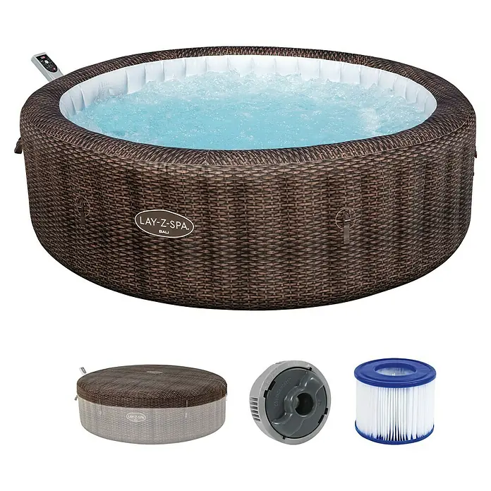 Bestway Lay-Z-Spa Mobil-Whirlpool Bali - Ø x H: 216 x 71 cm, Braun, 1.260 l - Abgebildet ist ein Lay-Z-Spa Bali Whirlpool mit Zubehör, inklusive Abdeckung und Filterkartuschen.