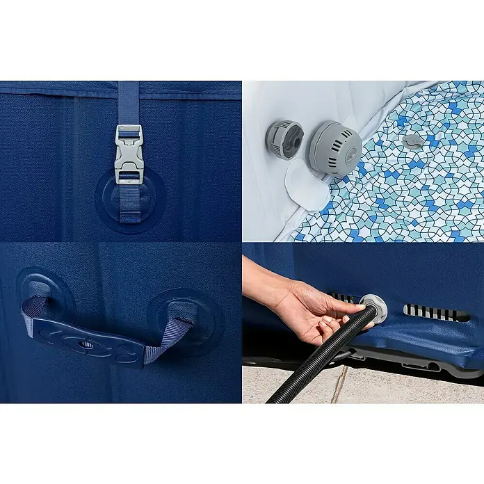 Bestway Lay-Z-Spa Mobil-Whirlpool Hawaii AirJet™ - L x B x H: 180 x 180 x 71 mm, Kobaltblau, 840 l - Nahaufnahme eines blauen aufblasbaren Whirlpools mit Tragegriffen, einer Schnalle und einem aufblasbaren Einsatz.