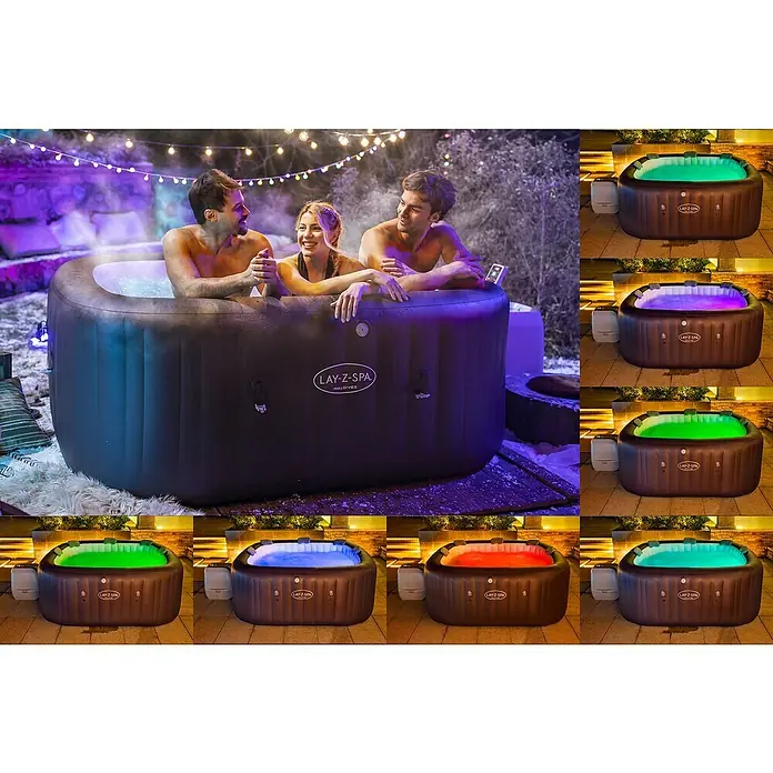 Bestway Lay-Z-Spa Mobil-Whirlpool Maldives HydroJet - L x B x H: 201 x 201 x 80 cm, Mahagoni, 1.050 l - Dieses Bild zeigt einen Lay-Z-Spa Whirlpool mit bunten Lichtern, der Entspannung und Luxus im eigenen Garten verspricht.