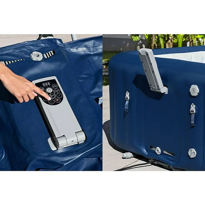 Bestway Lay-Z-Spa Mobil-Whirlpool Hawaii AirJet™ - L x B x H: 180 x 180 x 71 mm, Kobaltblau, 840 l - Nahaufnahme eines aufblasbaren Whirlpools mit Bedienfeld zur Temperaturregelung und Düsen.