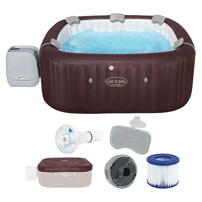Bestway Lay-Z-Spa Mobil-Whirlpool Maldives HydroJet - L x B x H: 201 x 201 x 80 cm, Mahagoni, 1.050 l - Abgebildeter Lay-Z-Spa Maldives Whirlpool mit Zubehör, einschließlich Filterkartusche und Pumpe, für ein entspannendes Badeerlebnis.