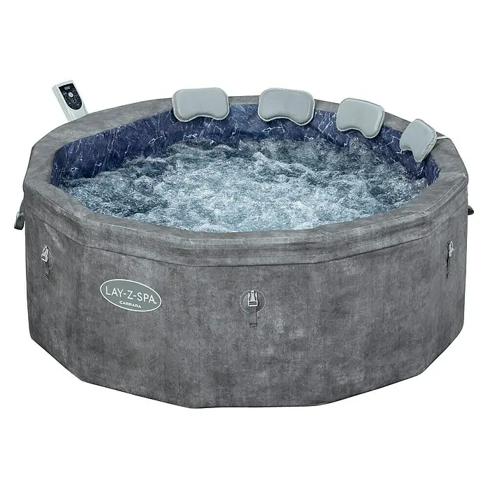 Bestway Lay-Z-Spa Mobil-Whirlpool Carrara Air Jet - Ø x H: 170 x 65 cm, Dunkler Alabaster, 850 l - Ein Lay-Z-Spa Carrara aufblasbarer Whirlpool mit grauer Außenverkleidung und sprudelndem Wasser im Inneren, inklusive Bedienfeld und Kopfstützen.