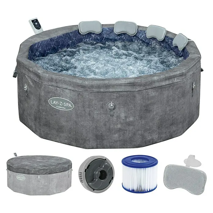 Bestway Lay-Z-Spa Mobil-Whirlpool Carrara Air Jet - Ø x H: 170 x 65 cm, Dunkler Alabaster, 850 l - Abbildung eines Lay-Z-Spa Carrara Whirlpools mit Zubehör, ideal für Entspannung und Wellness im eigenen Garten.