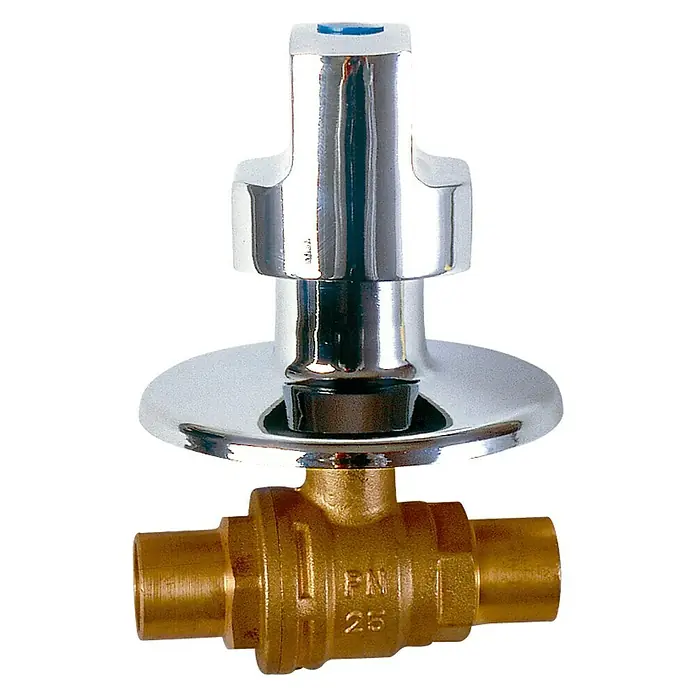 Válvula esférica empotrar con maneta - 22 mm, Cromado - Un grifo de agua cromado con una válvula amarilla, perfecto para instalaciones de fontanería y que ofrece fácil uso.