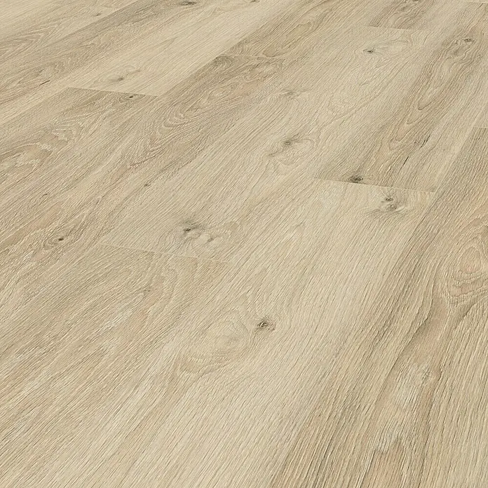LOGOCLIC Laminat Eiche Cosmo - 1.288 x 195 x 8 mm, Landhausdiele, Eiche Cosmo - Nahaufnahme eines hellen Laminatbodens mit Holzstruktur. Ideal für moderne und stilvolle Innenräume.