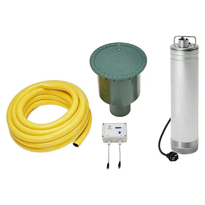 Garantia ProLine Zisterne Komplettpaket Cristall - Gesamt Fassungsvermögen: 2.650 l, Mit Pumpe - Produktabbildung: Gelber Schlauch, Regenwasser-Versickerungsschacht, Regenwasser-Pumpe und Steuerung für die Regenwassernutzung.