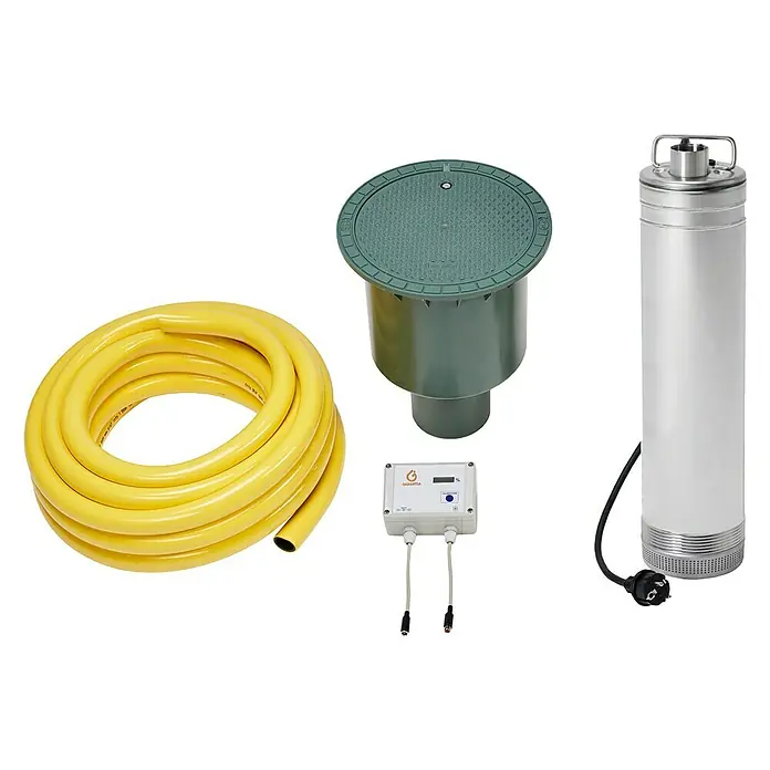 Garantia Anschluss-Set Garten PROline - Geeignet für: Regenwassernutzungsanlagen - Das Bild zeigt eine gelbe Gartenschlauch, einen Erdtankdeckel, ein Steuergerät und eine Tauchdruckpumpe für die Gartenbewässerung.