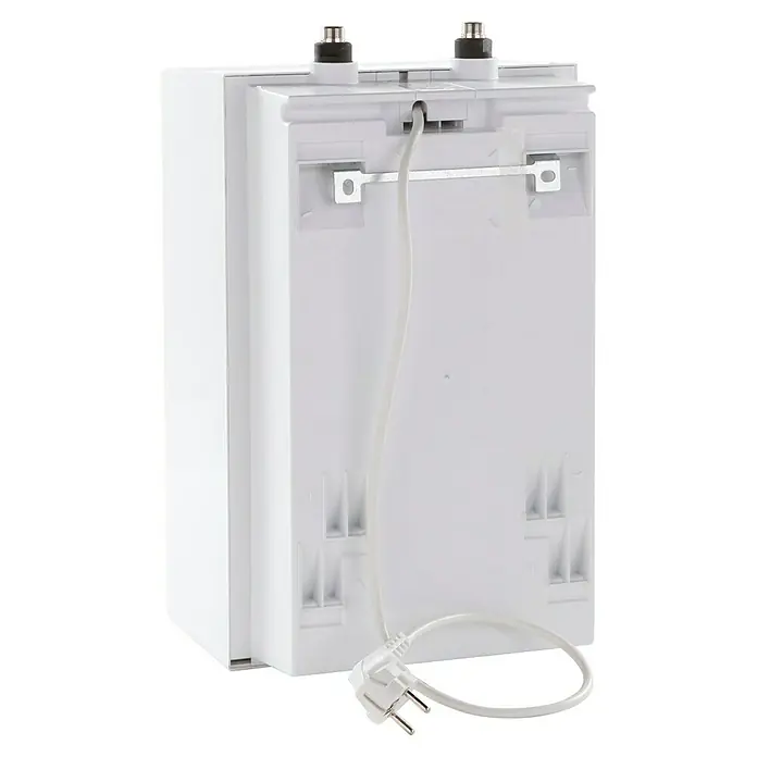 AEG Termo eléctrico Huz 5 Basis - 5 l, 2.000 W, Rango de temperaturas: 35 °C - 85 °C, Montaje bajo mesa - Vista posterior de un calentador de agua blanco con cable de alimentación y enchufe para electricidad.