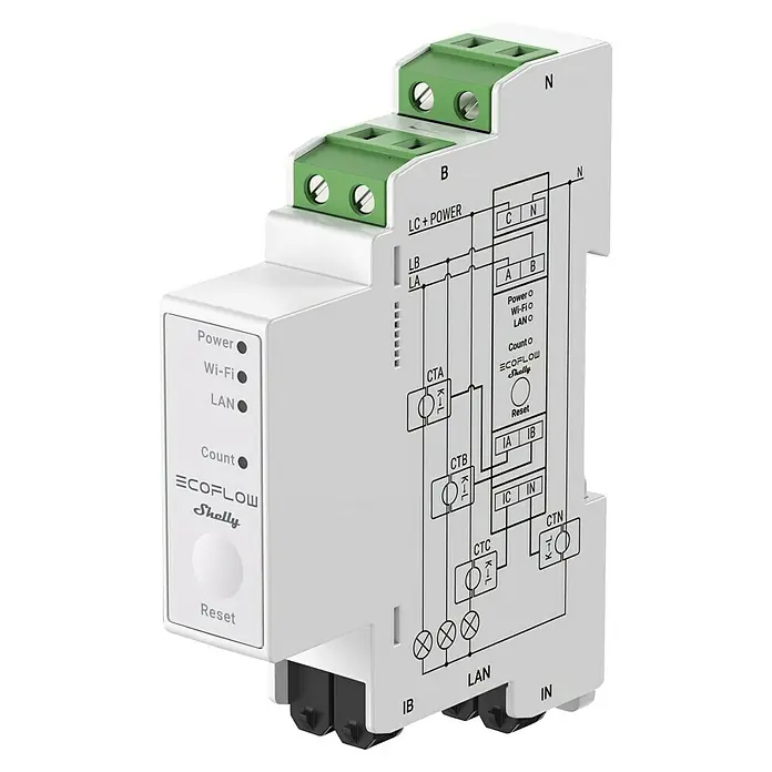 EcoFlow Drehstromzähler Shelly Smart Meter Energiezähler - Weiß - Produktansicht des EcoFlow Shelly Smart Home Geräts, das intelligente Energiemessung und Steuerung ermöglicht.