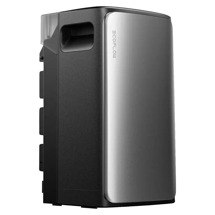 EcoFlow Powerstation Speicher AC Pro - Nennleistung: 2.300 W, Erweiterbar auf 11,52 kWh - Nahaufnahme einer EcoFlow Powerstation, einem tragbaren Energiespeicher mit robustem Design und praktischem Tragegriff.
