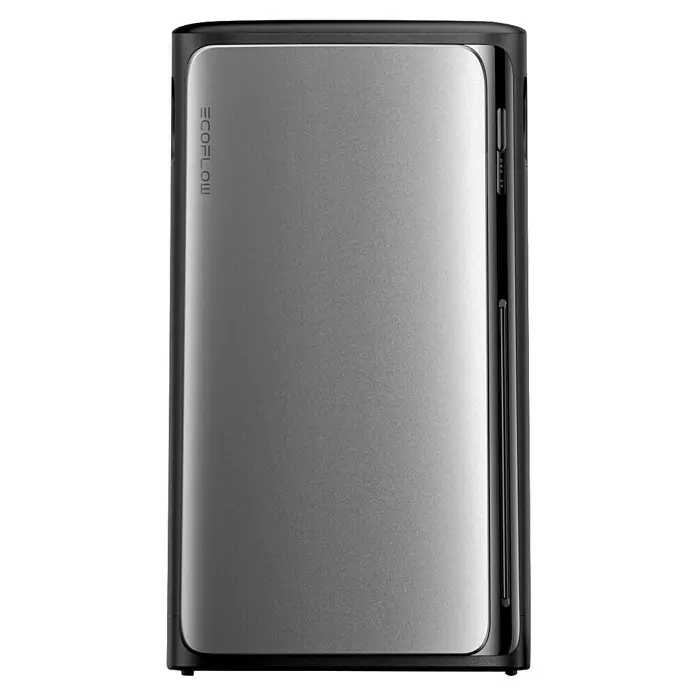 EcoFlow Powerstation Speicher AC Pro - Nennleistung: 2.300 W, Erweiterbar auf 11,52 kWh - Ein tragbarer EcoFlow-Energiespeicher in Silber mit schwarzem Rahmen und seitlicher Aufschrift EcoFlow.
