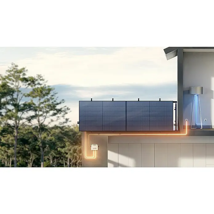 EcoFlow Wechselrichter - 800 W - Moderne Solaranlage auf einem Hausdach installiert, mit Verkabelung und zugehöriger Elektronik für eine saubere Energieversorgung.