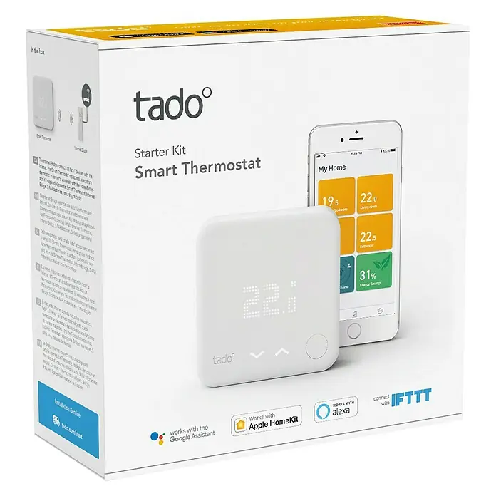 Tado Smartes Juego de termostato Starter Kit V3+BR - Puente de internet, Control inteligente: App Tado - Primer plano del tado° Smart Thermostat Starter Kit, una solución inteligente de control de calefacción para tu hogar.