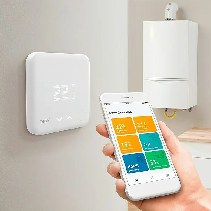 Tado Smartes Juego de termostato Starter Kit V3+BR - Puente de internet, Control inteligente: App Tado - Sistema de calefacción inteligente Tado con termostato y app para un control cómodo de la temperatura y ahorro energético.