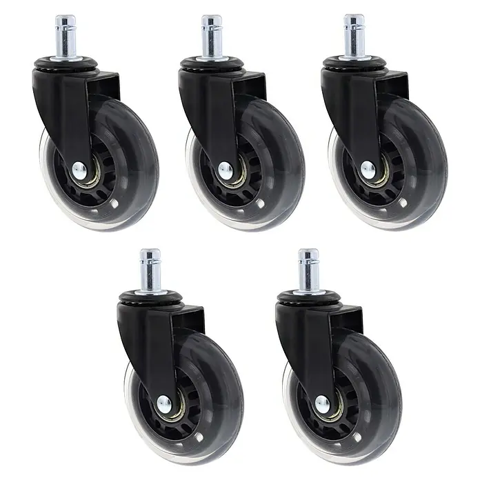 Wagner System Design-Lenkrolle RO 1062 - Durchmesser Rollen: 75 mm, Traglast: 40 kg, Kugellager, Mit Einsteckzapfen - Bild von fünf Bürostuhlrollen mit transparenten Rollen und schwarzen Gehäusen. Ideal für den Austausch defekter Rollen.