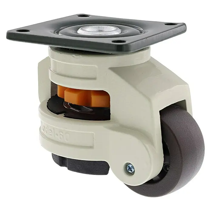 Wagner System Transportgeräte-Lenkrolle RO 0050 - Durchmesser Rollen: 50 mm, Traglast: 250 kg, Gleitlager, Mit Platte und Feststeller - Rollen-Detailaufnahme: Ein stabiles Möbelrad mit grauer Halterung, braunem Rad und schwarzer Befestigungsplatte.