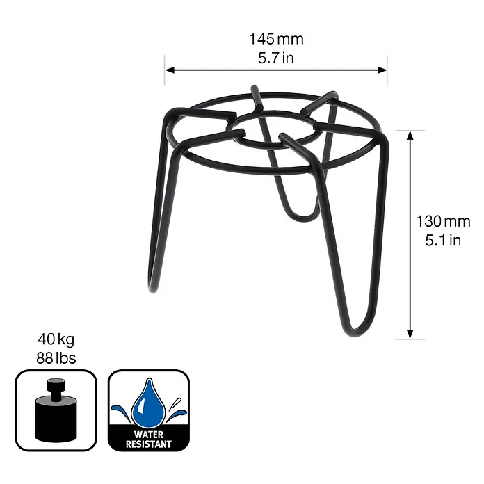 Wagner System Blumenständer - Ø x H: 15 x 13 cm, Stahl, Schwarz - Produktdarstellung: Schwarzer, robuster Topfuntersetzer mit Maßangaben und Produktmerkmalen wie Belastbarkeit und Wasserbeständigkeit.