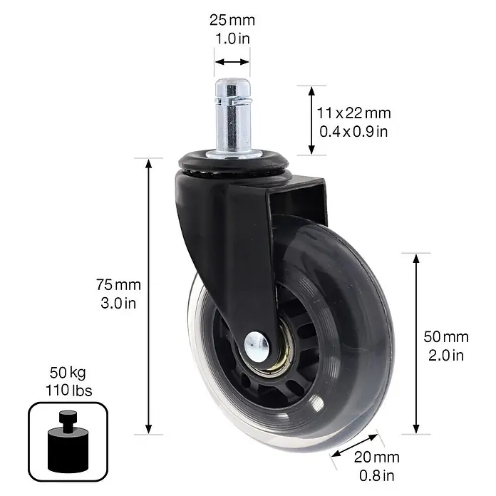 Wagner System Design-Lenkrolle RO 1062 - Durchmesser Rollen: 75 mm, Traglast: 40 kg, Kugellager, Mit Einsteckzapfen - Nahaufnahme eines Bürostuhlrads mit Maßangaben, das die Details und Abmessungen des Produkts hervorhebt.