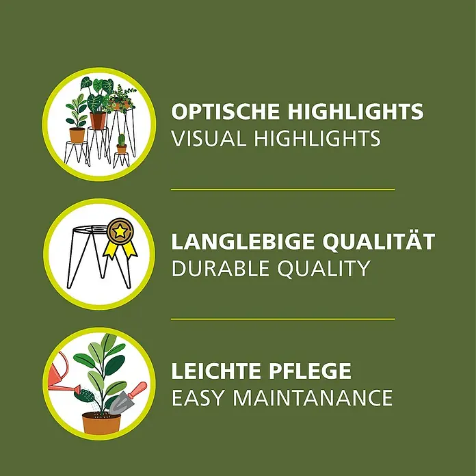 Wagner System Blumenständer - Ø x H: 15 x 13 cm, Stahl, Schwarz - Illustrationen zeigen die Vorteile der Pflanzenständer: Optische Highlights, langlebige Qualität und einfache Pflege.