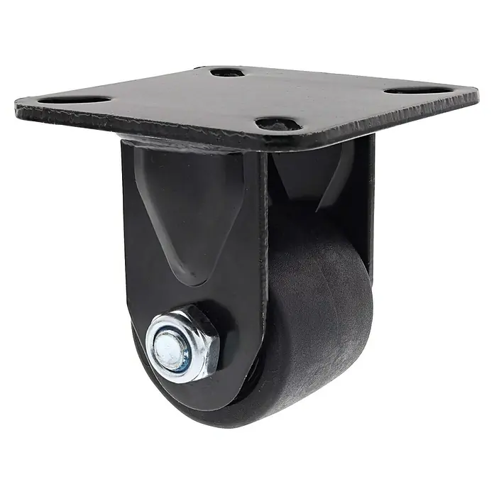 Wagner System Transportgeräte-Bockrolle RO 8950 - Durchmesser Rollen: 50 mm, Traglast: 300 kg, Kugellager, Mit Platte - Das Bild zeigt eine schwarze Lenkrolle mit einer Metallbefestigungsplatte und einer Gummirad. Ideal für Möbel und Geräte.