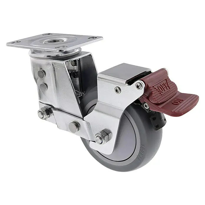 Wagner System Transportgeräte-Lenkrolle RO 0910 - Durchmesser Rollen: 100 mm, Traglast: 120 kg, Kugellager, Mit Platte und Feststeller - Drehbare Lenkrolle mit Bremse für Möbel oder Geräte. Das Rad ist grau und die Bremse ist rot, mit "ON/OFF" Kennzeichnung.