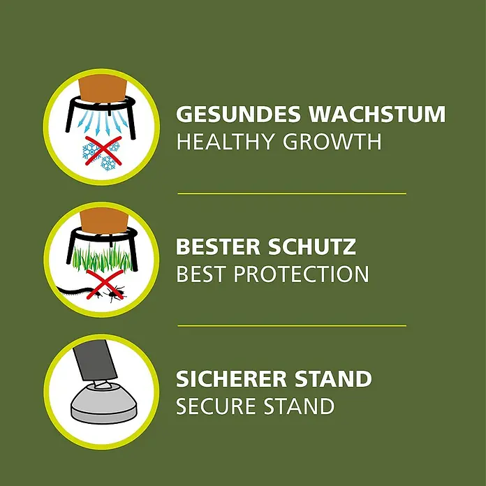 Wagner System Blumenständer - Ø x H: 38 x 25 cm, Stahl, Schwarz - Symbole für gesundes Wachstum, Schutz und sicheren Stand für Blumentöpfe auf einem Werbebild.