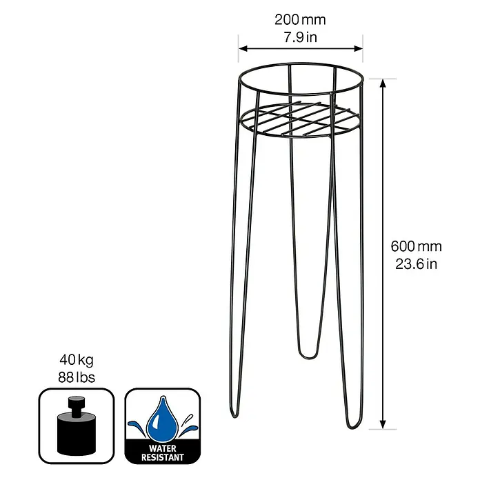 Wagner System Blumenständer - Ø x H: 20 x 60 cm, Stahl, Schwarz - Abbildung eines schwarzen, wasserbeständigen Pflanzenständers mit den Maßen 200 mm Durchmesser und 600 mm Höhe.