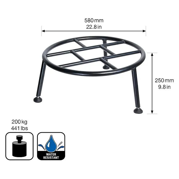 Wagner System Blumenständer - Ø x H: 58 x 25 cm, Stahl, Schwarz - Abbildung eines runden, schwarzen Pflanzenständer aus Metall mit den Maßen 580 mm Breite und 250 mm Höhe.