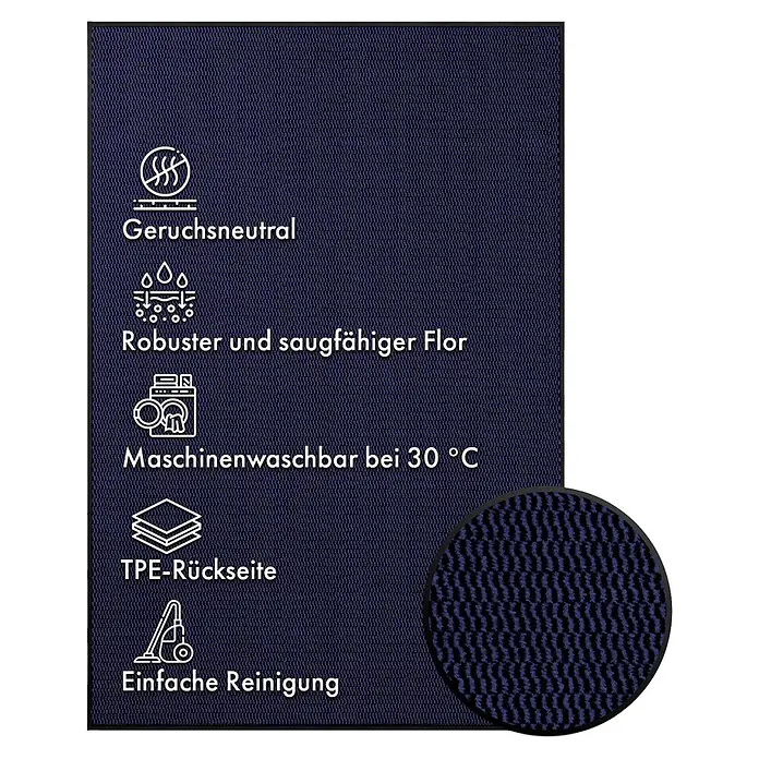 Fußmatte Sky Novo - Blau, 60 x 40 cm, 100 % Polypropylen - Abbildung eines Produkts mit Hinweisen zu Geruchsneutralität, Robustheit, Maschinenwaschbarkeit, TPE-Rückseite und einfacher Reinigung.