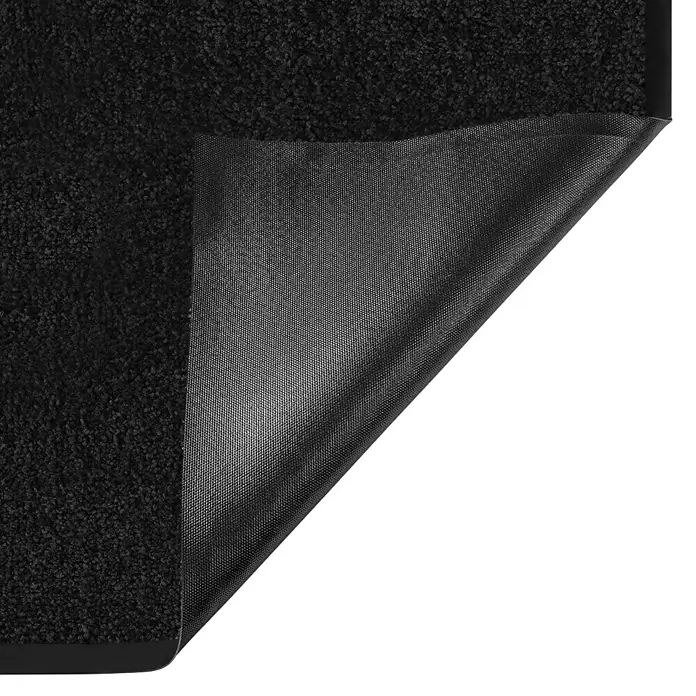 Fußmatte Rhine - Schwarz, 200 x 200 cm, 100 % Polyamid - Schwarze Fußmatte mit aufgerollter Ecke, die die Textur und das Material darunter zeigt. Ideal für Eingänge.