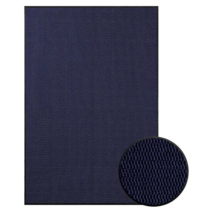 Fußmatte Sky Novo - Blau, 60 x 40 cm, 100 % Polypropylen - Dunkelblaue Teppichmatte mit feiner Textur, ideal für den Innenbereich, inklusive Detailansicht der Materialbeschaffenheit und OEKO-TEX-Siegel.