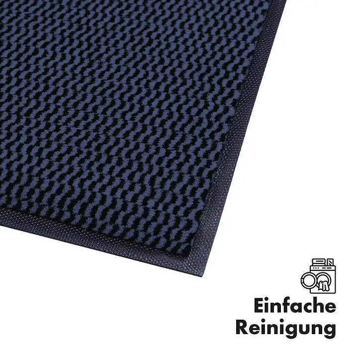 Fußmatte Sky Novo - Blau, 60 x 40 cm, 100 % Polypropylen - Detailaufnahme einer Fußmatte in Blau und Schwarz mit Öko-Tex Siegel und Hinweis auf einfache Reinigung.