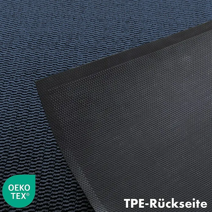 Fußmatte Sky Novo - Blau, 60 x 40 cm, 100 % Polypropylen - Detailaufnahme einer schwarzen TPE-Mattenrückseite mit OEKO-TEX® Zertifikat, die Rutschfestigkeit und Umweltfreundlichkeit vereint.