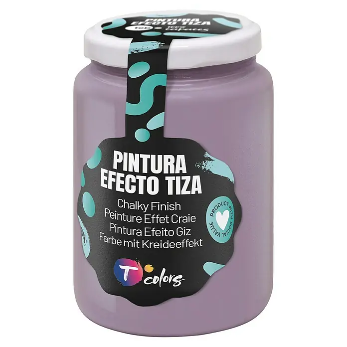 Tcolors Pintura de tiza Chalky Finish - Lavanda, 175 ml - Primer plano de una lata de pintura de tiza T Colors en un suave tono lila con una etiqueta que destaca la información del producto.