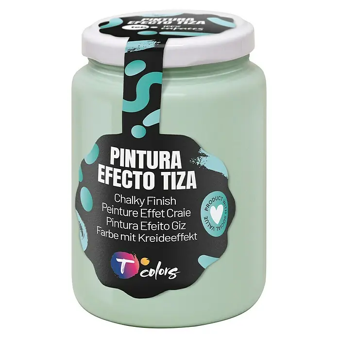 Tcolors Pintura de tiza Chalky Finish - Menta, 400 ml - Un tarro de pintura a la tiza "Pintura Efecto Tiza" color verde menta, ideal para proyectos vintage y shabby chic, con etiqueta multilingüe.