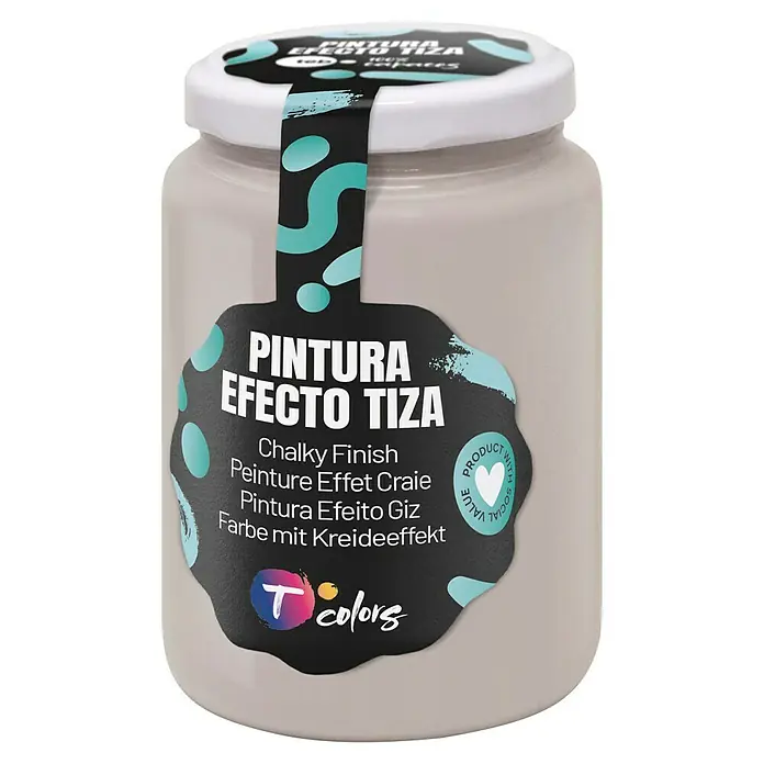 Tcolors Pintura de tiza Chalky Finish - Gris niebla, 175 ml - Primer plano de una lata de pintura a la tiza de la marca T-colors. La lata es blanca con una etiqueta que destaca el nombre del producto.